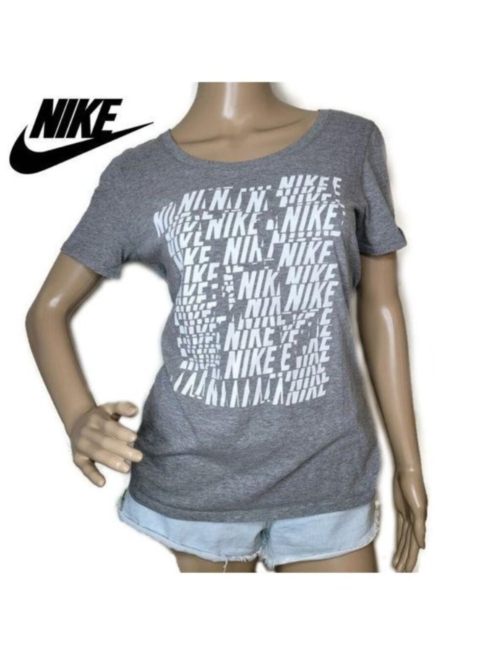 Nike Womens Grey Graphic Logo T-Shirt Casual Short Sleeve Top Size M Cotton Blen